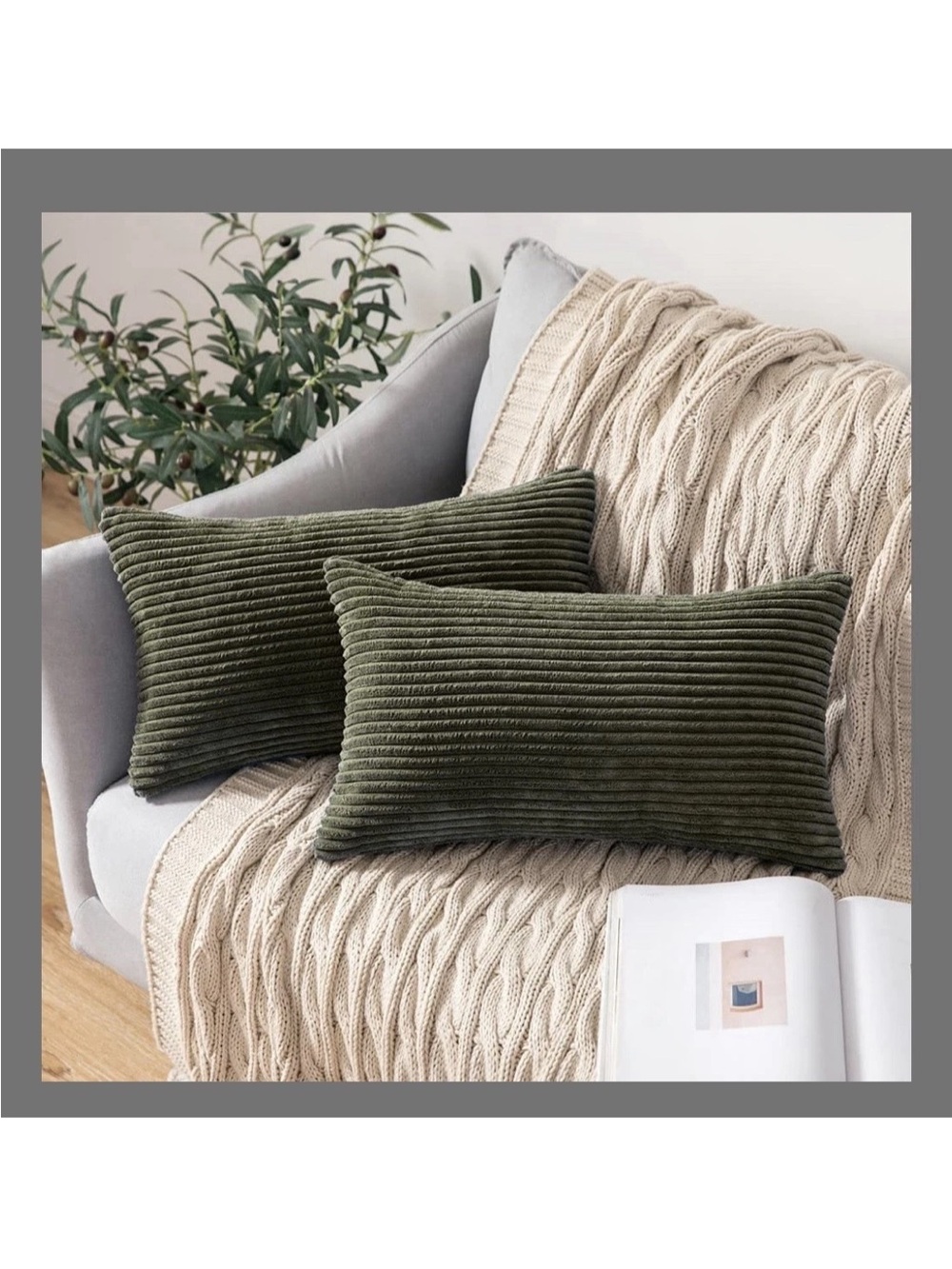 Set of 2- 12”x20” Green Corduroy Rectangular Throw Pillow Covers #1066